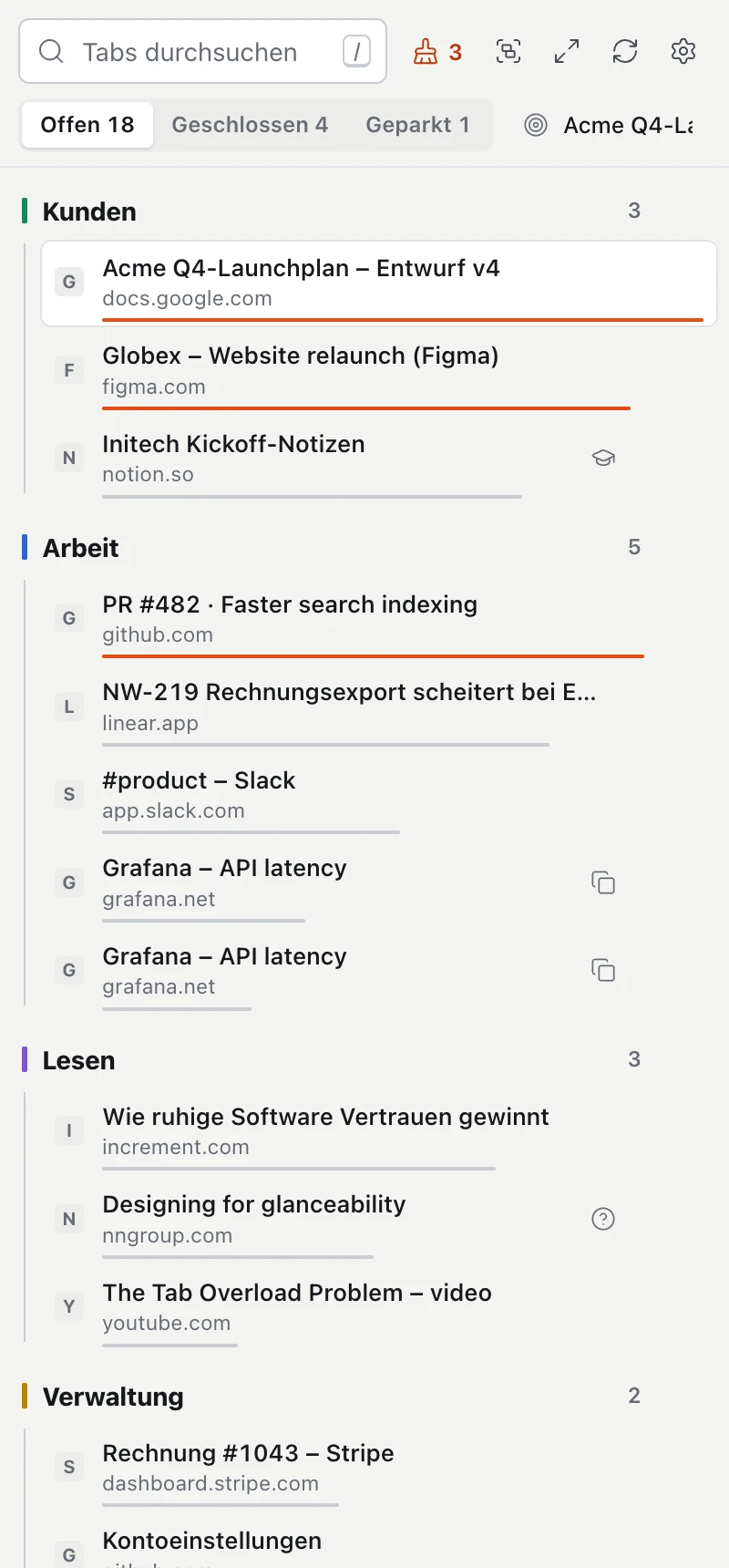 Die Seitenleiste von MillionTabs mit den Gruppen „Clients“, „Work“, „Reading“ und „Admin“. Jede Gruppe zeigt ihre Tabs mit Titel und Website, die wichtigsten sind orange unterstrichen.