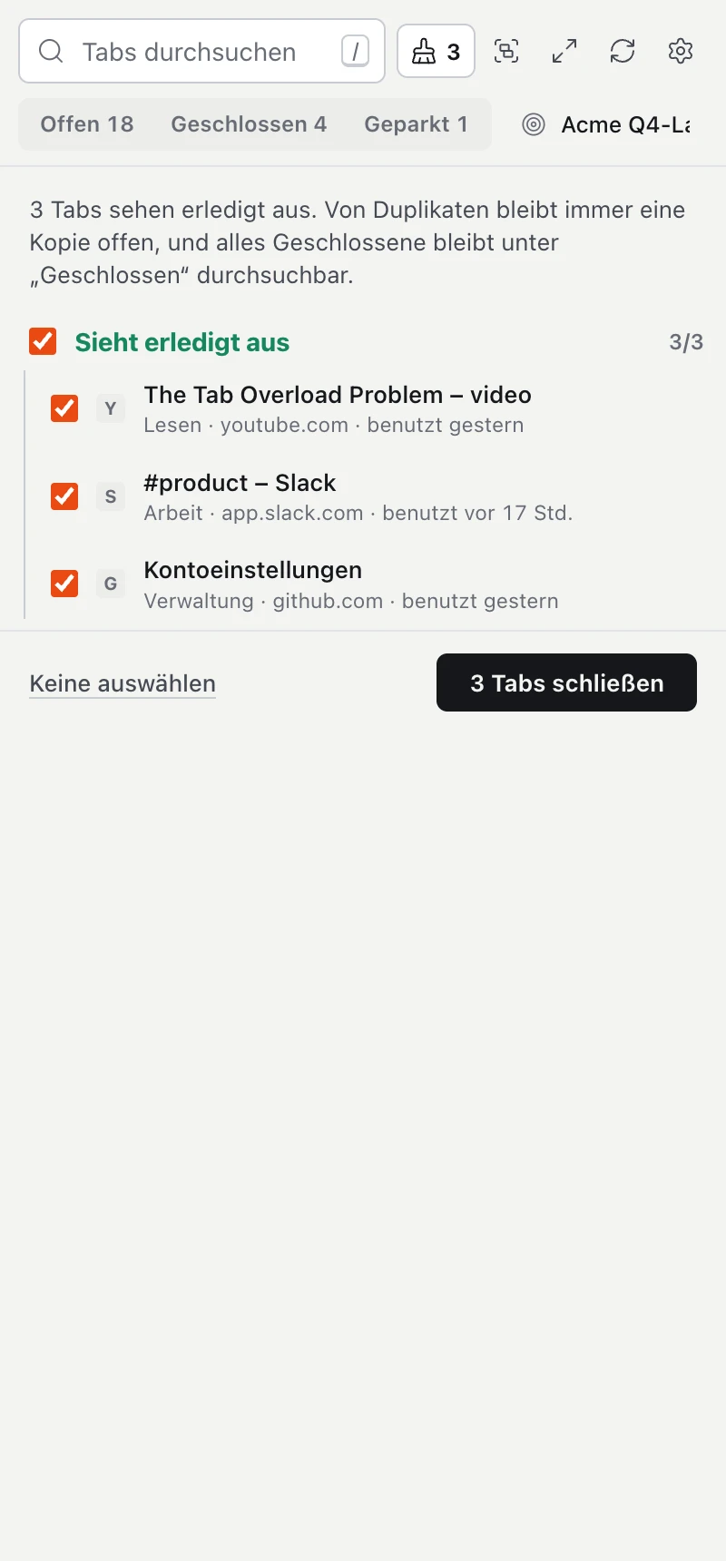Die Aufräumen-Liste: Duplikate, erledigte und lange nicht benutzte Tabs, jeweils mit Häkchen zum gemeinsamen Schließen.