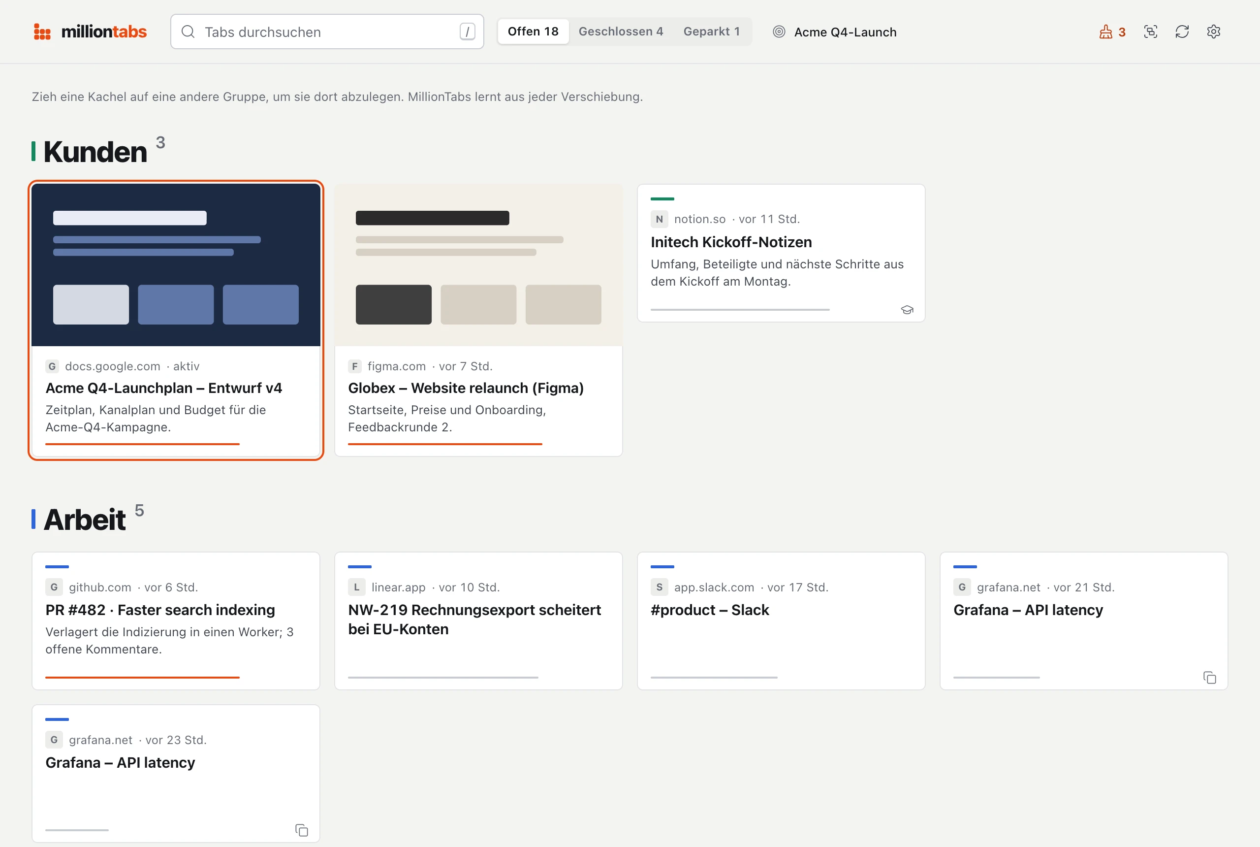Die Kachelansicht von MillionTabs: alle offenen Tabs als Kacheln, sortiert in die Gruppen „Clients“ und „Work“. Unter den wichtigsten Tabs steht eine orange Linie.