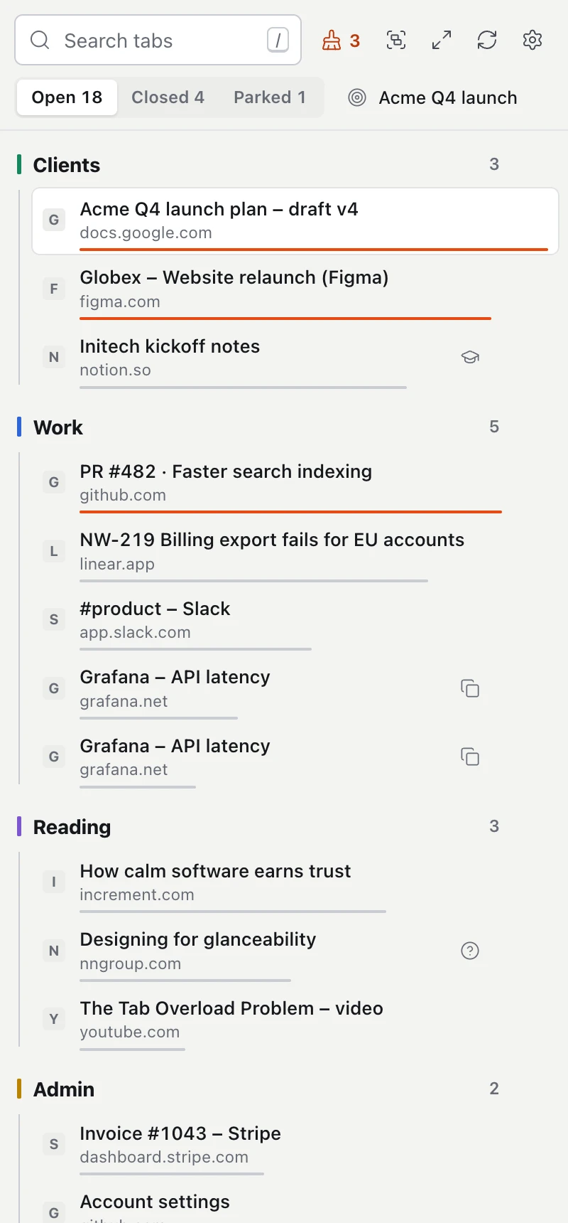 The MillionTabs side panel with the groups “Clients”, “Work”, “Reading” and “Admin”. Each group lists its tabs with title and site; the most important ones are underlined in orange.